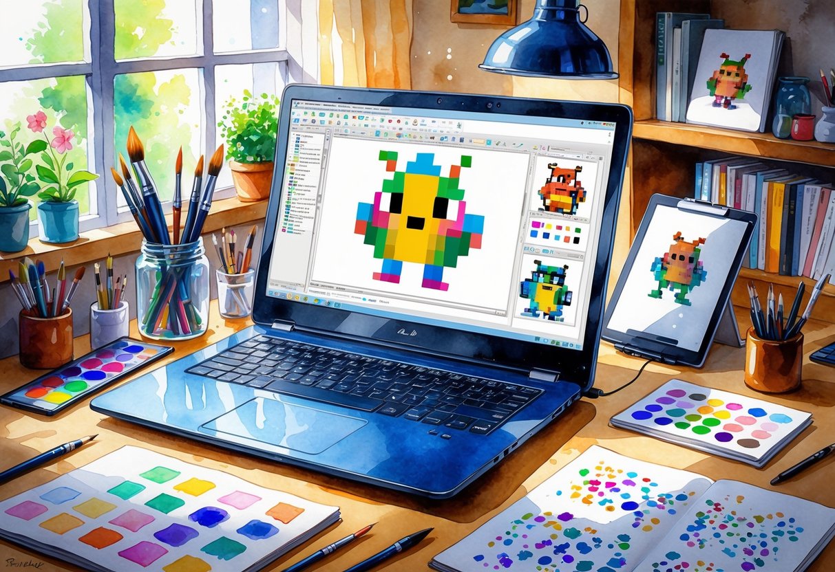 A cozy workspace with a laptop showing pixel art, surrounded by art supplies and a drawing tablet.