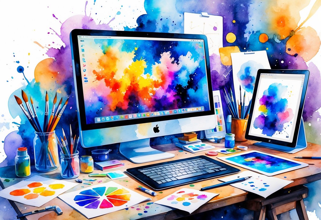 A creative workspace with a computer, art supplies, a graphic tablet, and colorful sketches arranged on a desk.