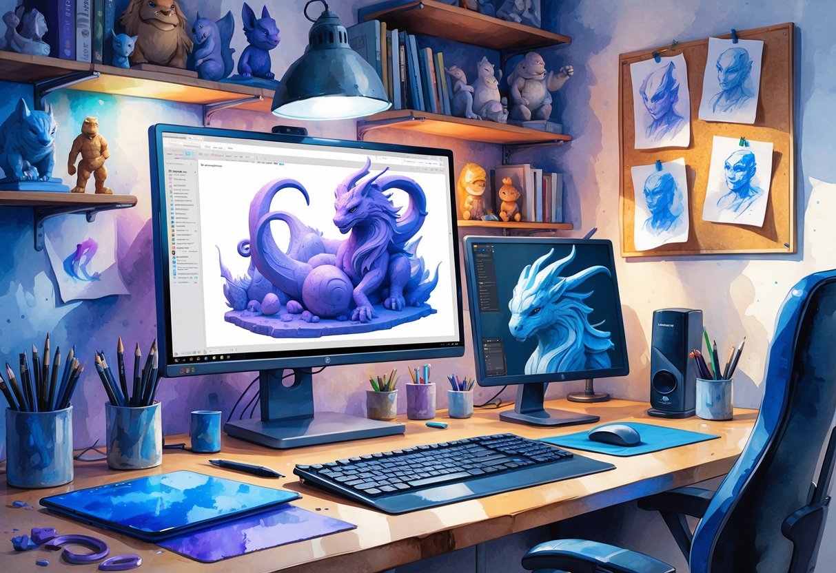 A digital artist's workspace with a computer showing a 3D sculpting model, surrounded by art tools and shelves with books and sketches.