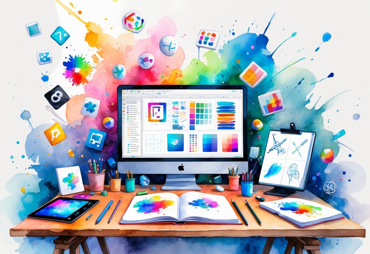An artist's workspace filled with digital art tools and sketches representing various digital art hobbies.