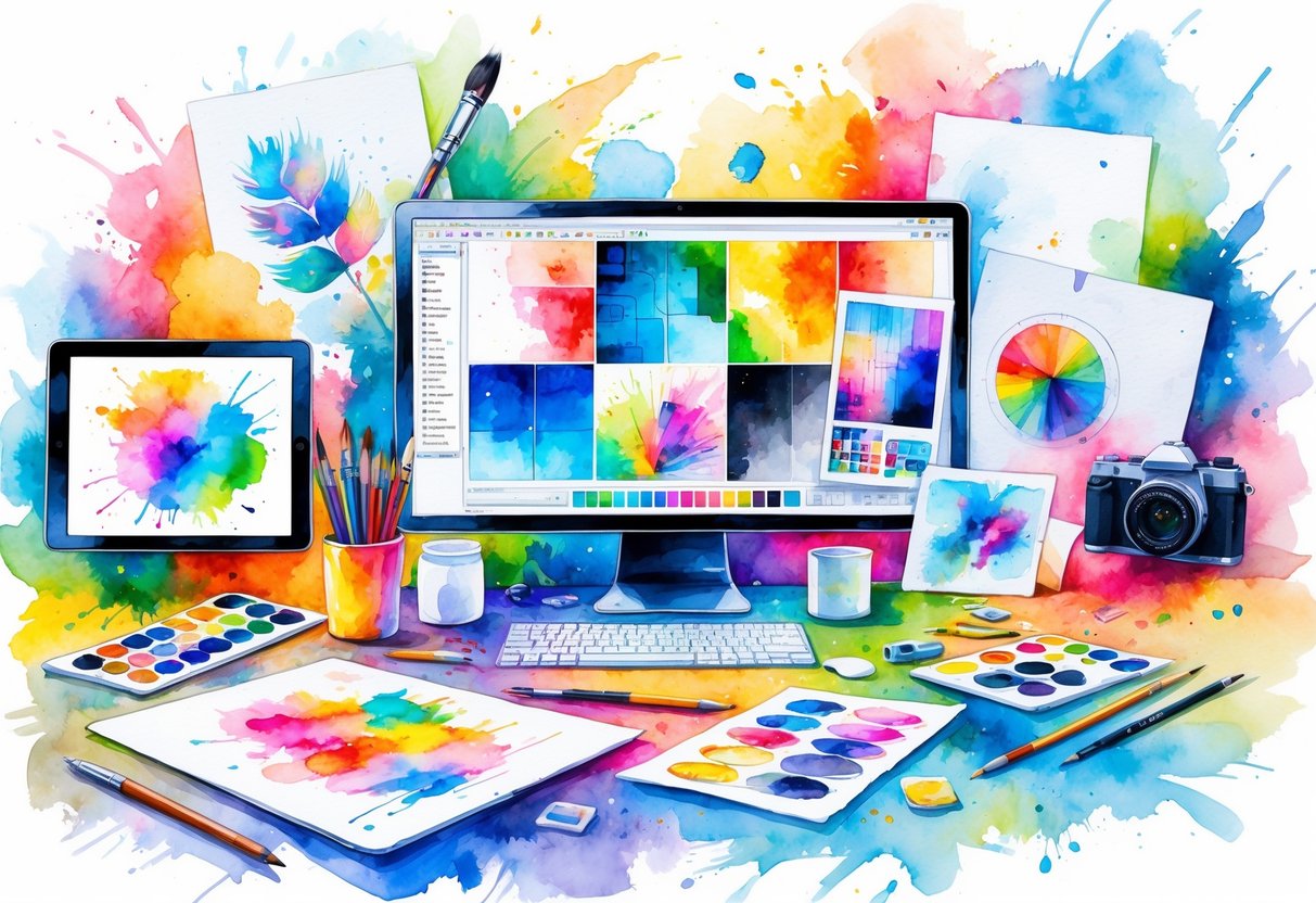 A creative workspace showing digital art tools like a tablet, computer screen with collage art, paintbrushes, palettes, and paper with abstract designs.