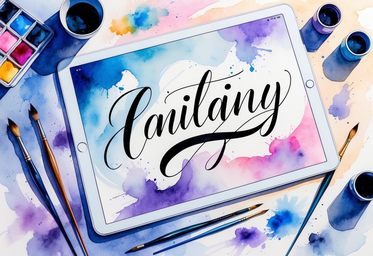 A digital tablet with flowing calligraphy strokes surrounded by watercolor brushes and art supplies on a wooden desk.