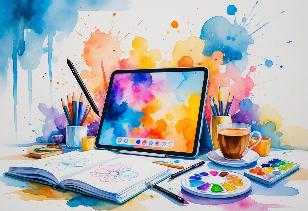 A creative workspace featuring a tablet with a digital painting, a sketchbook, paint palette, and coffee cup arranged together.