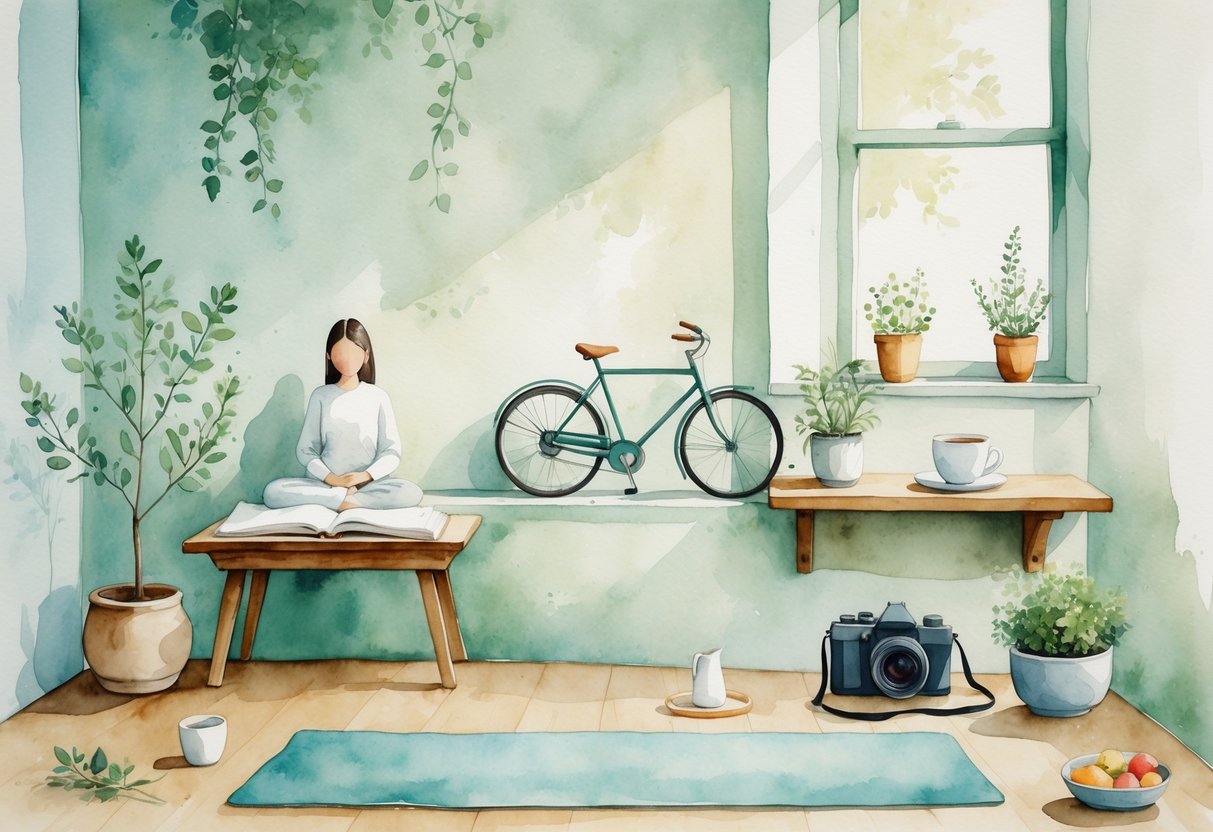 A peaceful room with a person meditating, a potted plant, an open book, a sketchbook with pencil, a bicycle, a cup of tea, hands knitting, a camera, a yoga mat, and a bowl of fruit arranged simply.