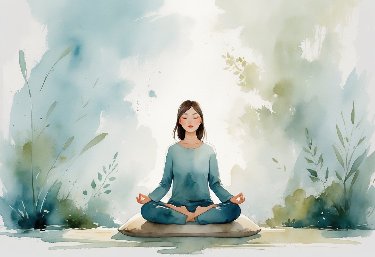 A person sitting cross-legged on a cushion with eyes closed, surrounded by soft colors and abstract natural elements, conveying calm and peaceful meditation.