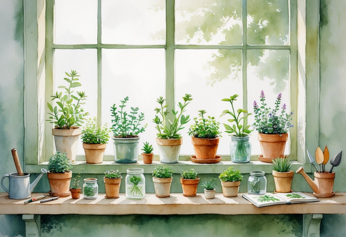 A small indoor garden with various tiny potted plants arranged on a wooden shelf and windowsill, with gardening tools nearby.
