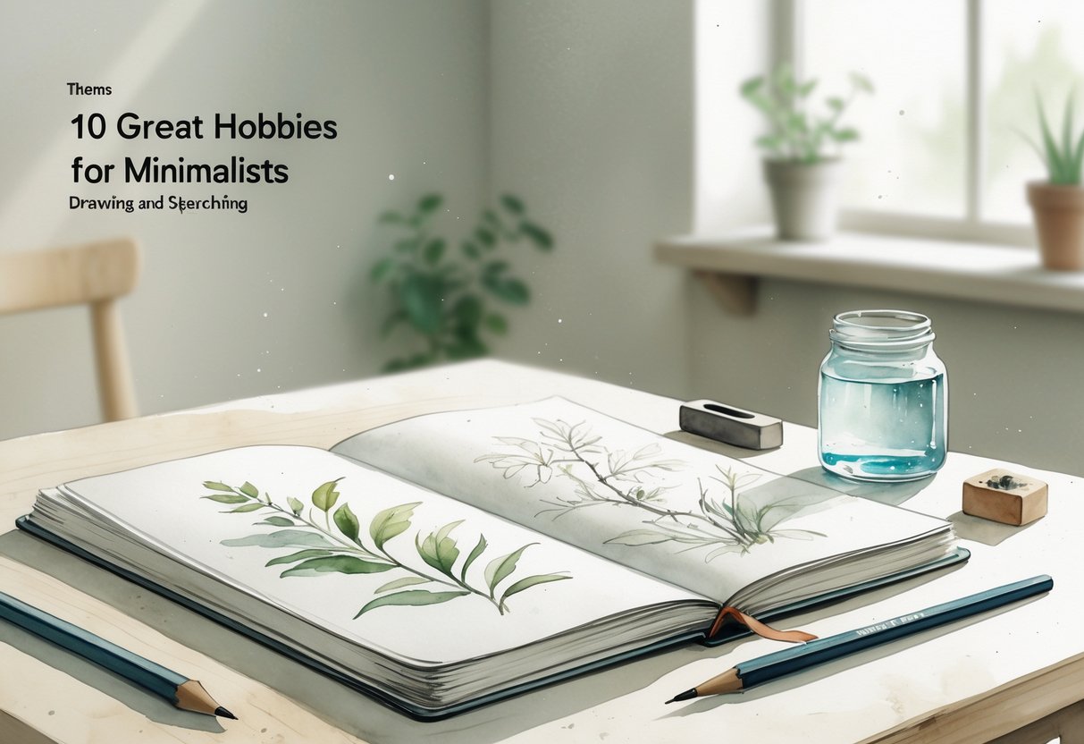 A simple workspace with an open sketchbook showing pencil drawings, surrounded by pencils, a brush, and a small plant on a wooden table.