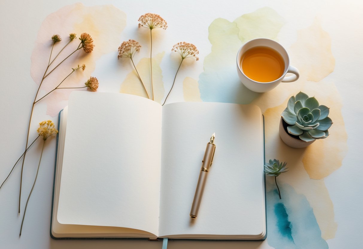 A peaceful desk with an open journal, a pen, a cup of tea, dried flowers, and a small plant.