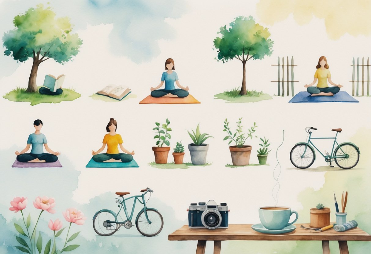 A peaceful scene showing people engaged in various simple hobbies like reading, yoga, sketching, gardening, knitting, cycling, meditating, photography, and drinking tea.