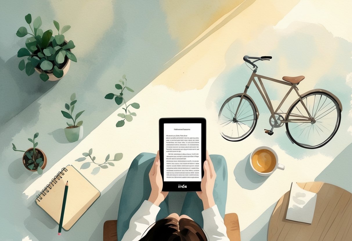 A person sitting comfortably reading a Kindle e-reader surrounded by minimalist hobby items like a plant, sketchbook, running shoes, a cup of tea, and a bicycle in a cozy, sunlit room.