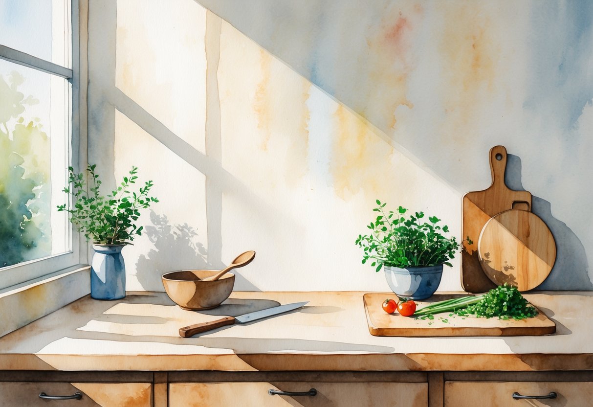 A simple kitchen countertop with basic cooking tools and fresh vegetables arranged neatly.