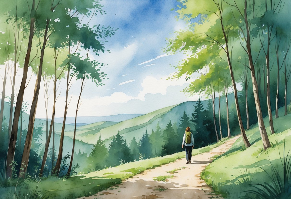 A person hiking alone on a forest trail surrounded by tall trees and distant hills under a blue sky.
