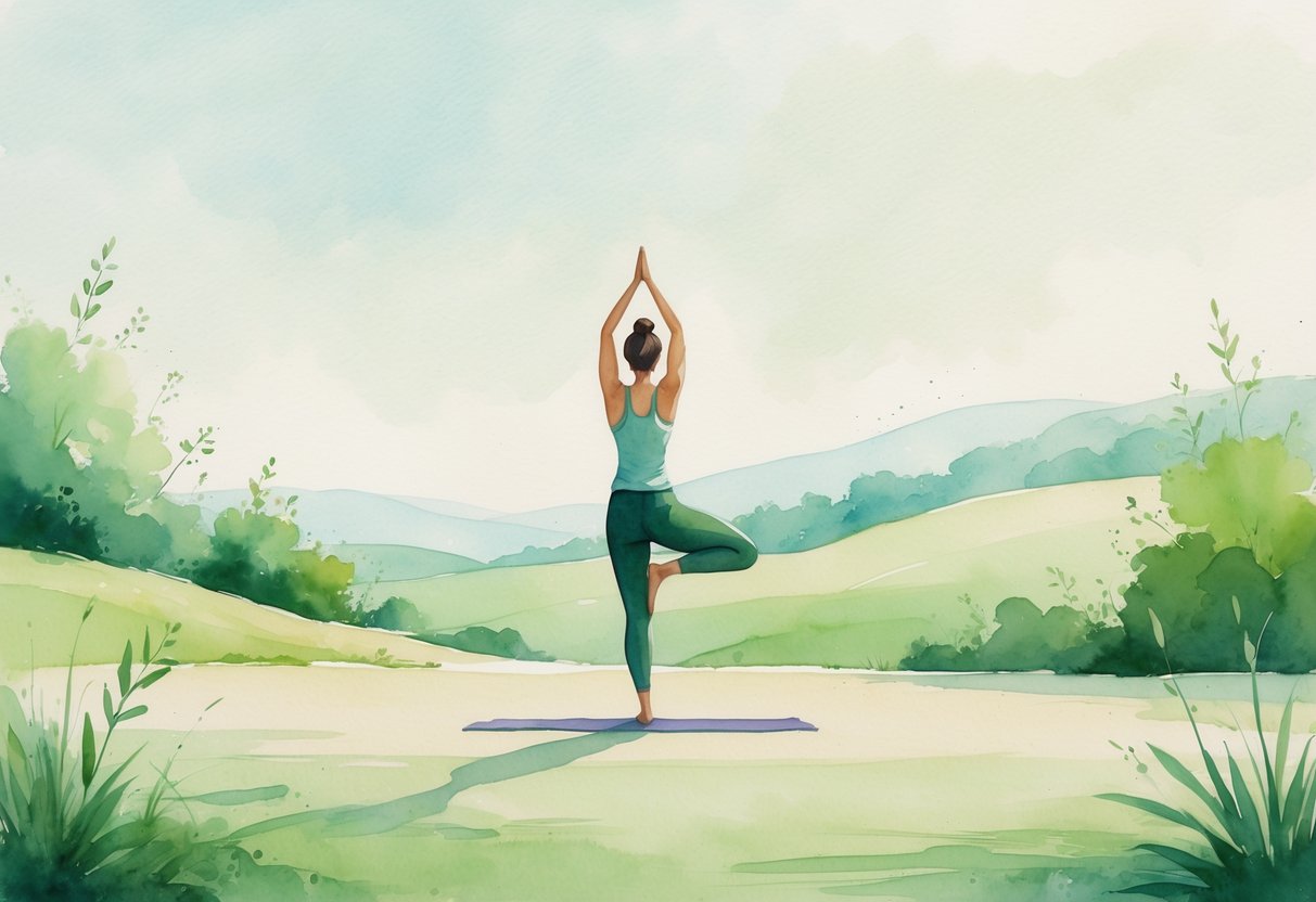 A person practicing yoga outdoors in a peaceful natural setting surrounded by greenery and hills.