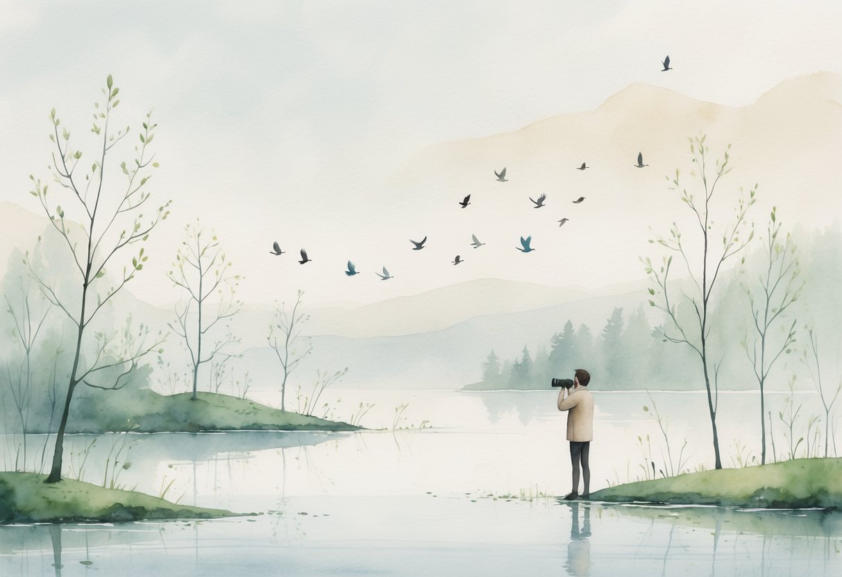A person standing by a calm lake surrounded by trees, watching birds perched on branches and flying nearby.