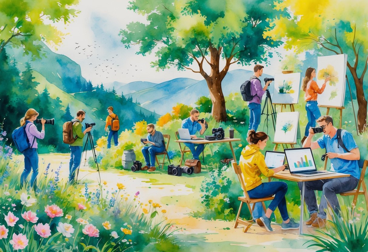 A colorful scene showing people engaged in various photography-related hobbies such as taking pictures in nature, sketching, editing photos, hiking, birdwatching, setting up still life, portrait photography, flying a drone, attending a workshop, and exploring city streets.