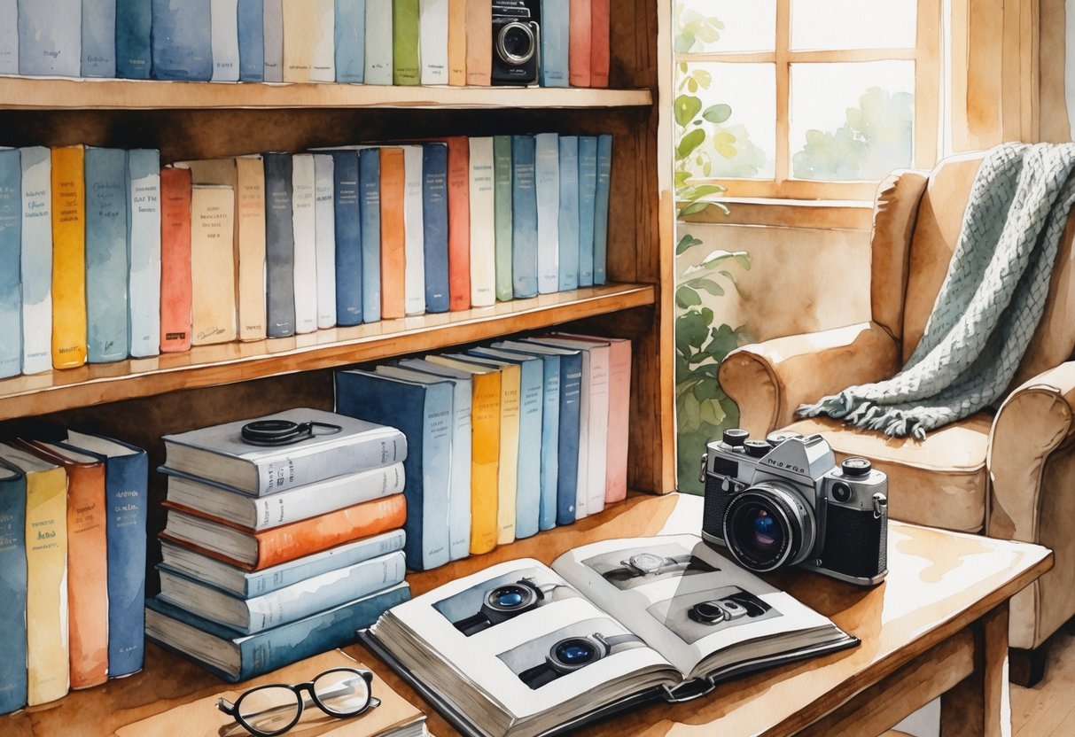 A bookshelf filled with photography books next to a table holding a vintage camera, reading glasses, and an open photo book, with a cozy armchair nearby.
