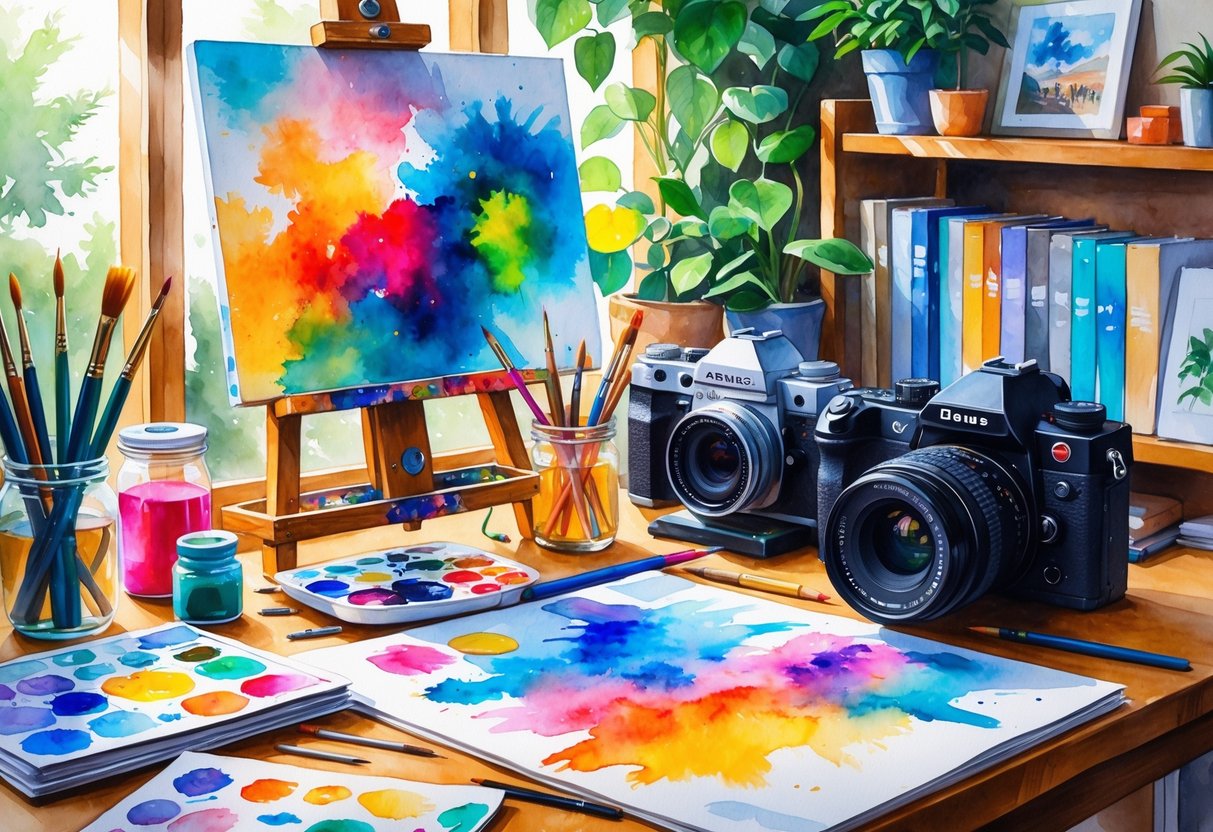 A cozy workspace with painting supplies, cameras, photographs, and art materials arranged on a wooden table near a window.