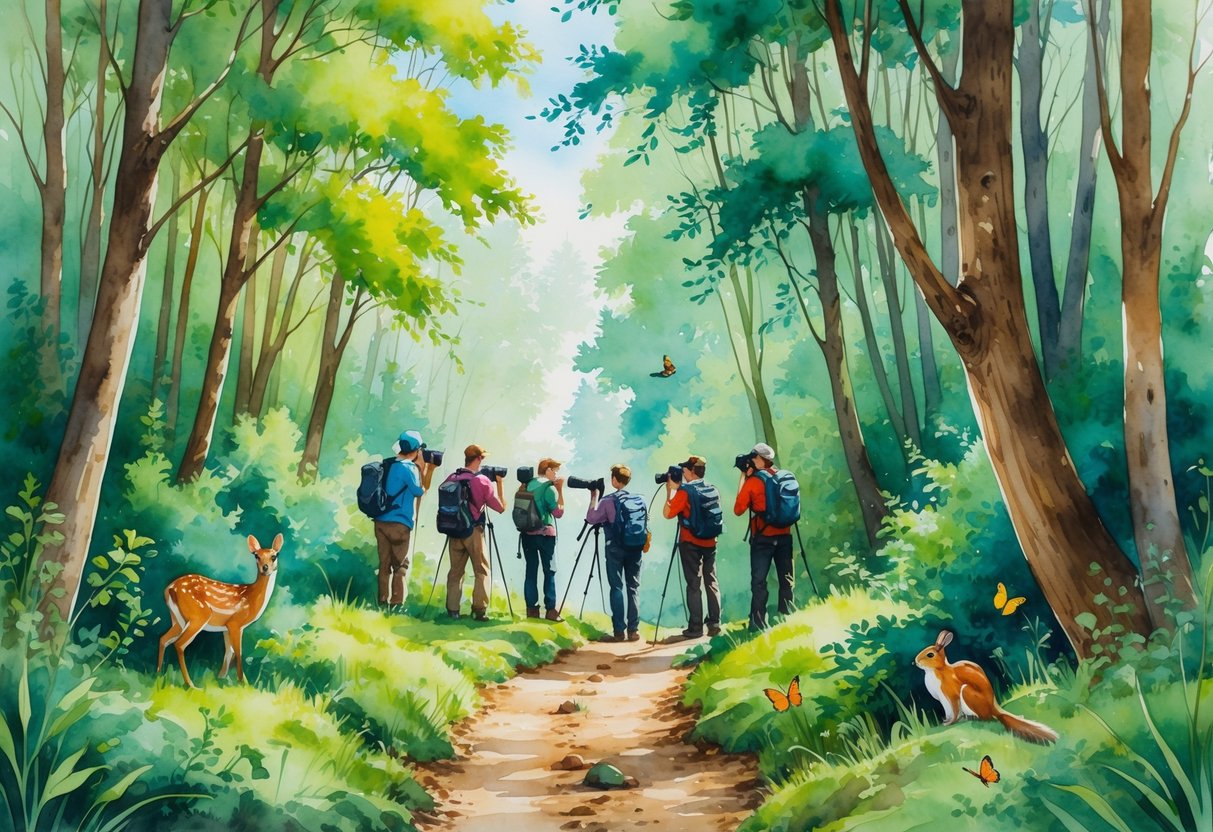 A forest trail with hikers carrying cameras observing deer, birds, and squirrels among trees and butterflies.