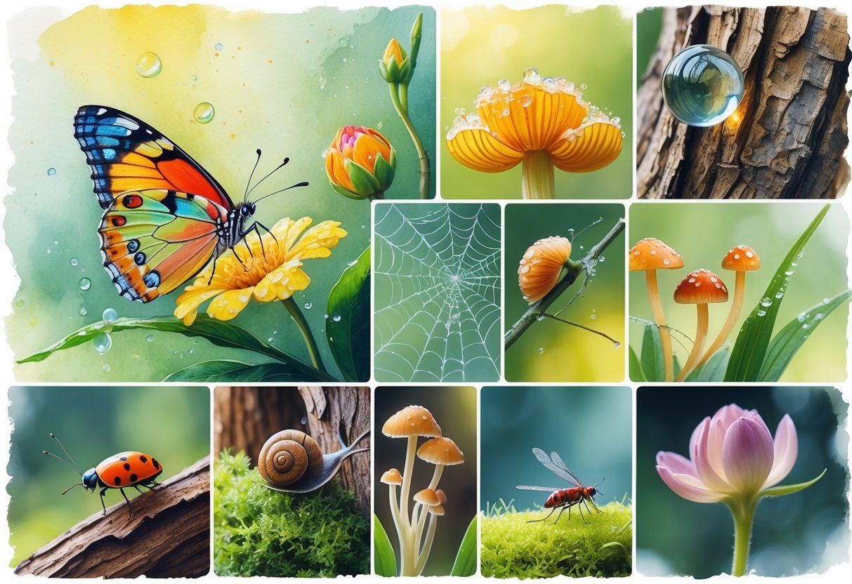 A close-up scene showing a butterfly on a flower, a spider web with dew, a ladybug on a leaf, a snail on moss, tree bark textures, mushrooms, a dragonfly on grass, a water droplet, an ant carrying food, and a flower bud.