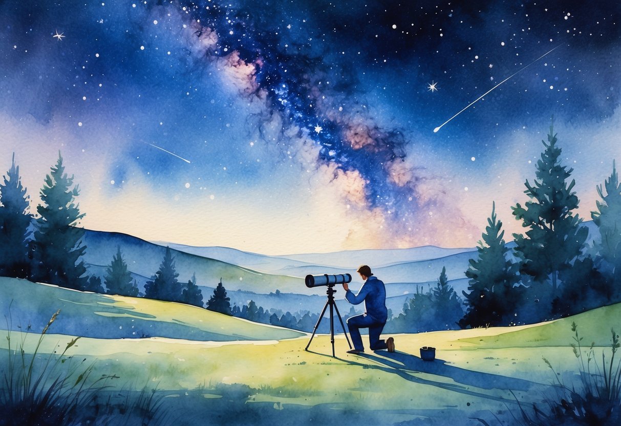 A nighttime landscape with a photographer setting up a telescope under a star-filled sky with the Milky Way visible above rolling hills and trees.
