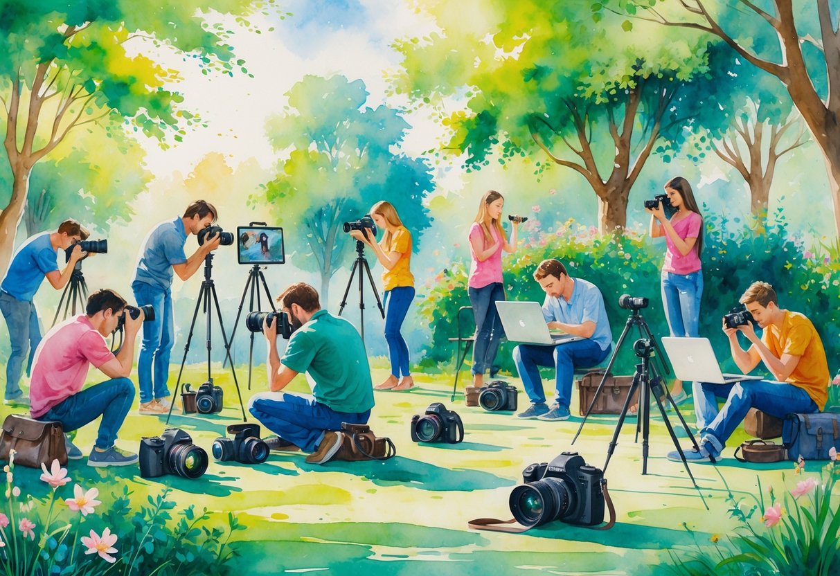 A group of people outdoors enjoying different photography activities like taking pictures, editing photos, and using various cameras in a park setting.