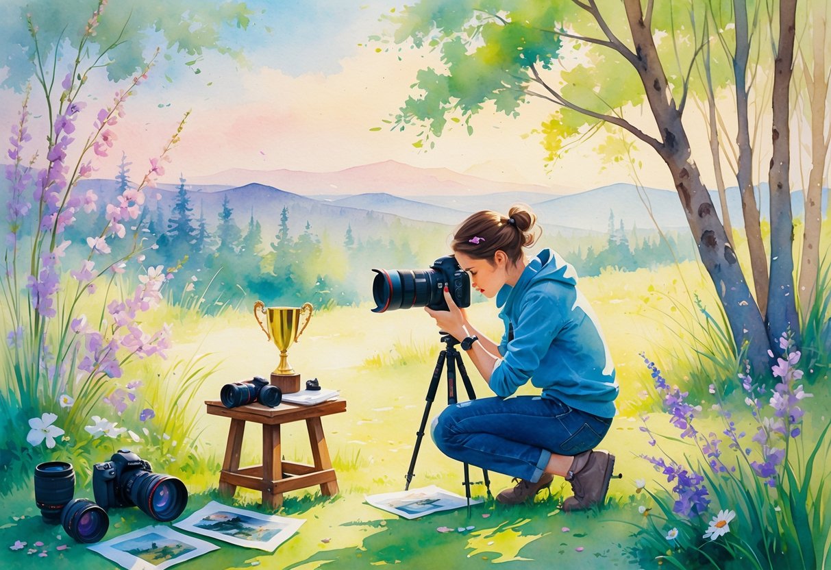 A person holding a camera outdoors, surrounded by camera equipment and photo prints, with a natural landscape of flowers, grasses, and mountains in the background.