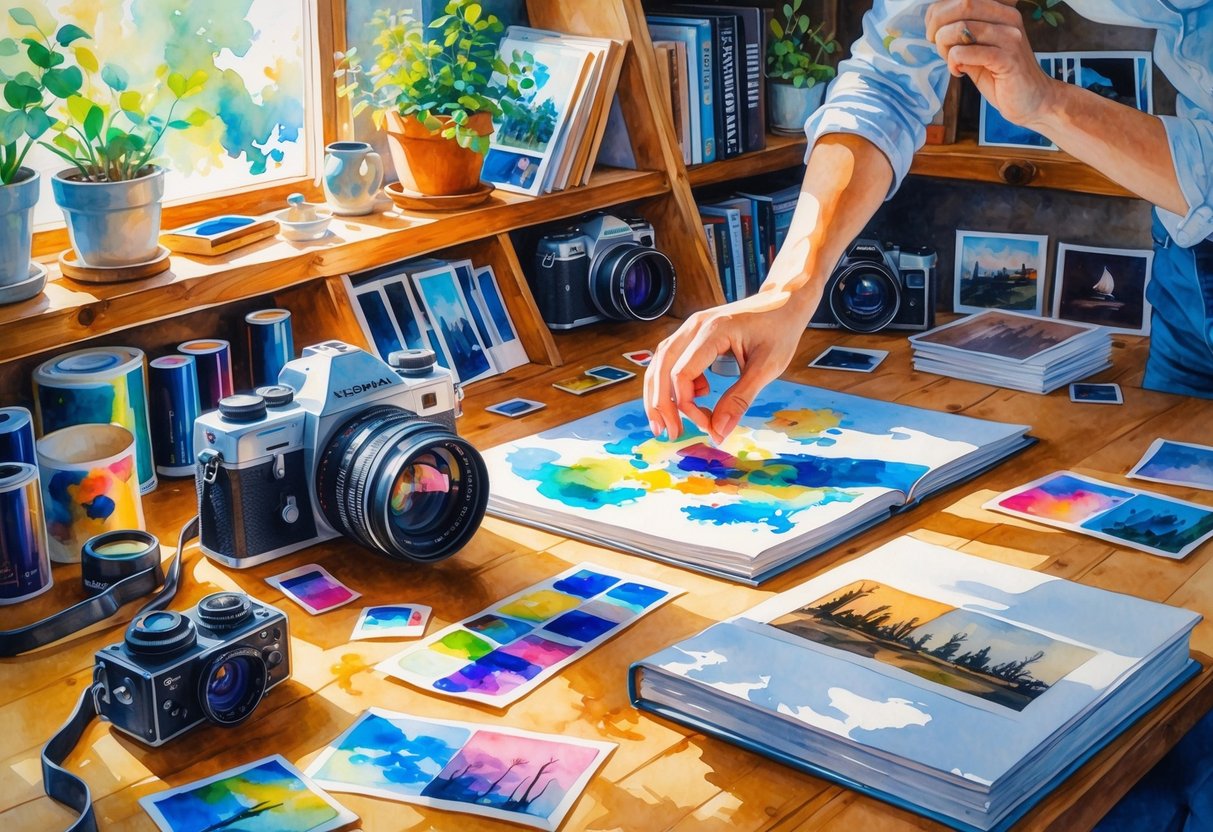 A cozy workspace with a vintage film camera, rolls of film, photo prints, and a person handling a camera on a wooden table with shelves and plants in the background.