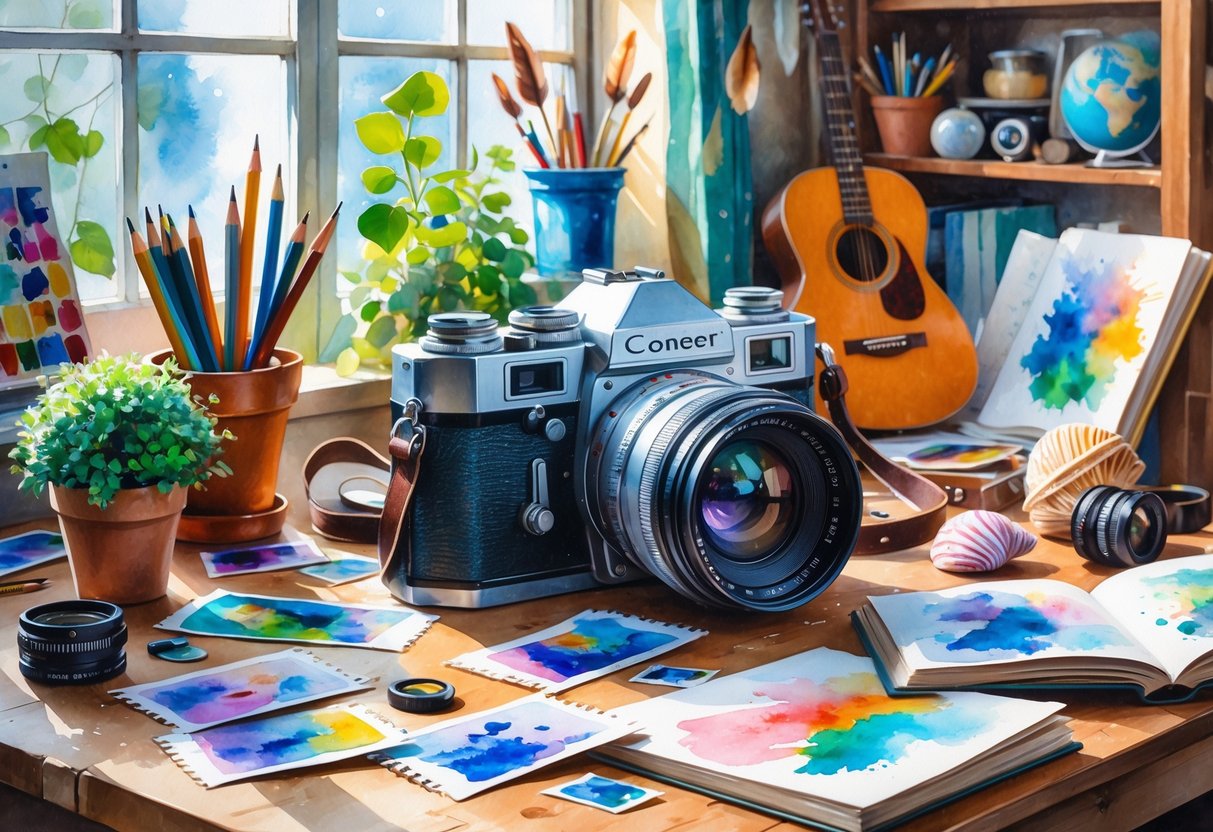 A cozy workspace with a camera on a wooden table surrounded by photography gear, art supplies, a guitar, knitting materials, a plant, and an open book.