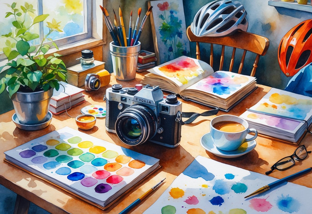 A cozy workspace with a vintage camera on a wooden table surrounded by art supplies, a guitar, knitting materials, books, and a bicycle helmet, illuminated by soft natural light.