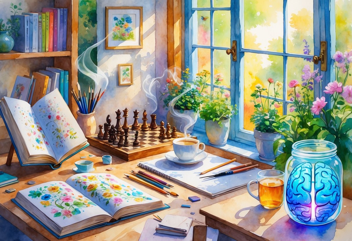 A cozy room with objects representing hobbies like reading, chess, puzzles, drawing, music, gardening, tea, yoga, and painting arranged on tables and shelves.