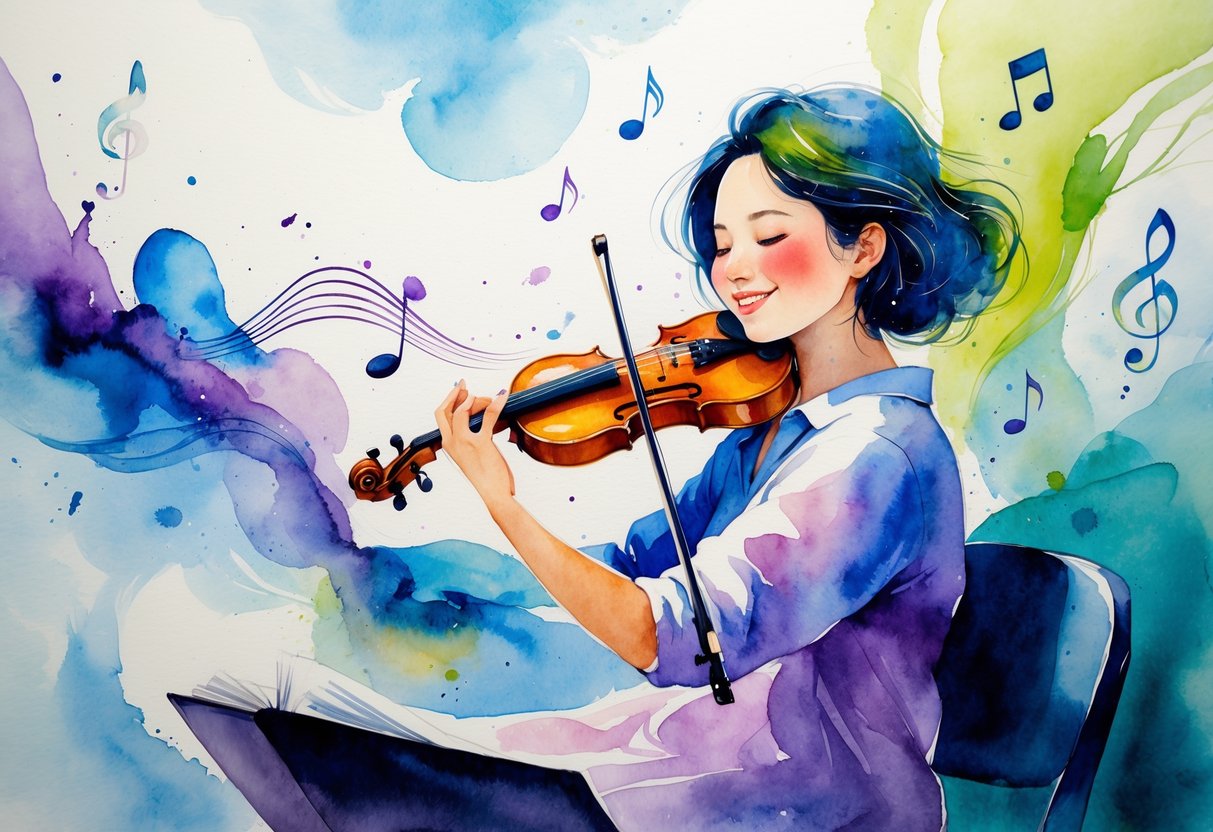 A person playing a musical instrument in a cozy room with musical notes floating around them.