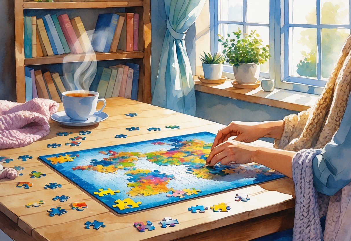 Hands assembling a jigsaw puzzle on a wooden table surrounded by scattered pieces, a cup of tea, a blanket, a potted plant, and a bookshelf in a cozy room.