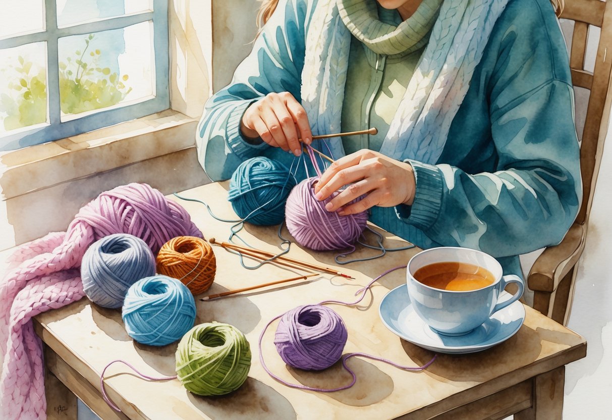 A person knitting or crocheting with colorful yarns on a table in a cozy room with soft natural light.