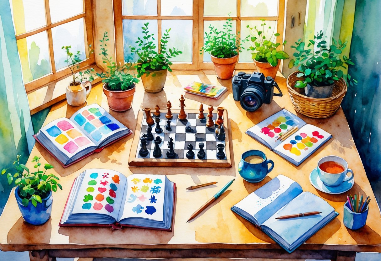A cozy room with a table displaying items representing hobbies like reading, chess, painting, playing violin, gardening, knitting, photography, journaling, and puzzles.