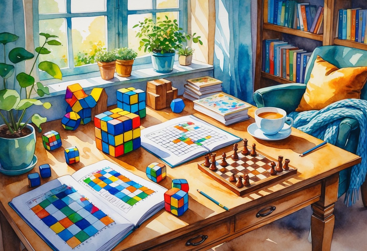 A cozy study room with a desk covered in brain teasers, puzzles, a chessboard, and a cup of tea, next to bookshelves and an armchair.