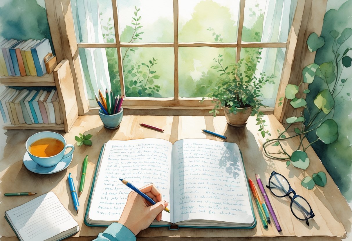 A person writing in a journal at a desk by a window with a cup of tea and pens nearby, surrounded by books and plants.