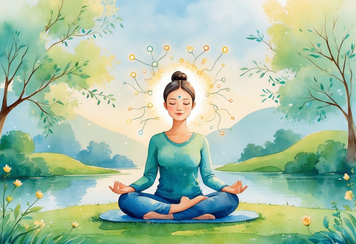 A person meditating peacefully outdoors near a lake surrounded by trees and flowers with hills in the background.
