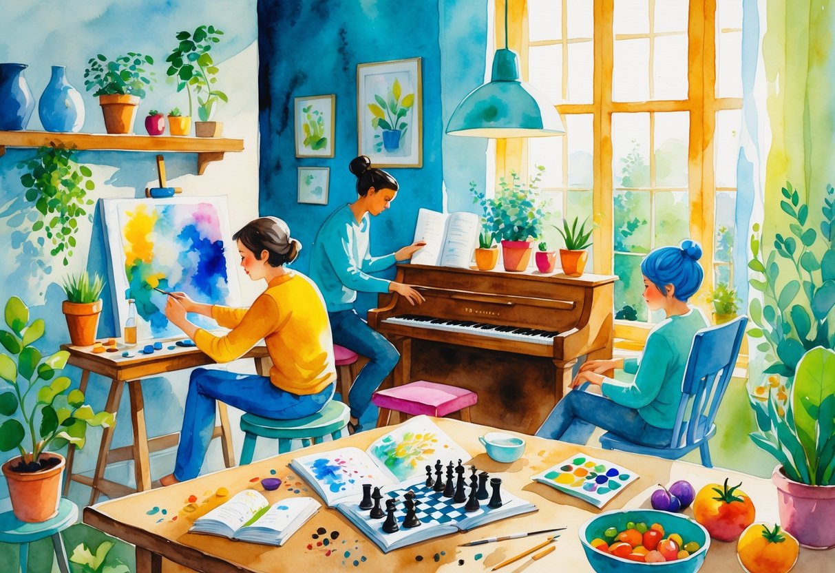 A cozy room with people engaging in various hobbies like painting, playing piano, reading, gardening, knitting, cooking, and solving puzzles.