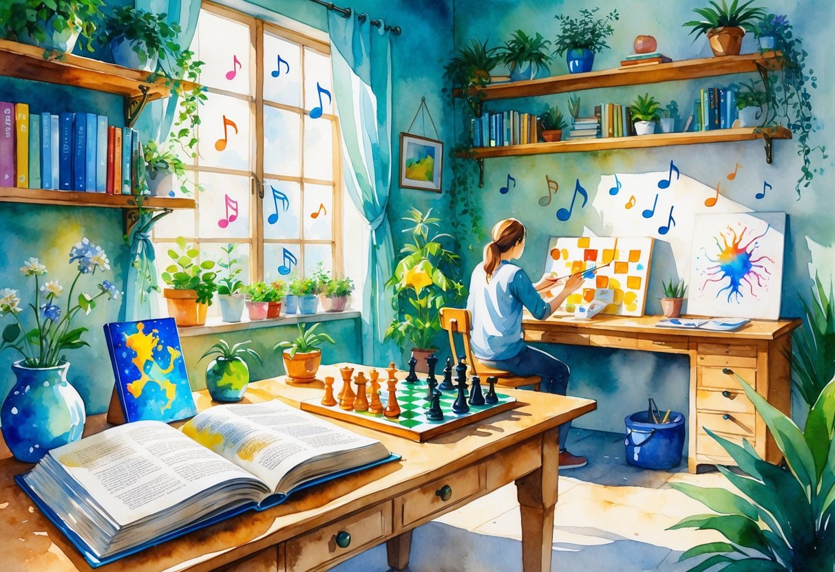A cozy study room with people painting, playing chess, and playing a violin surrounded by books, puzzles, and plants.