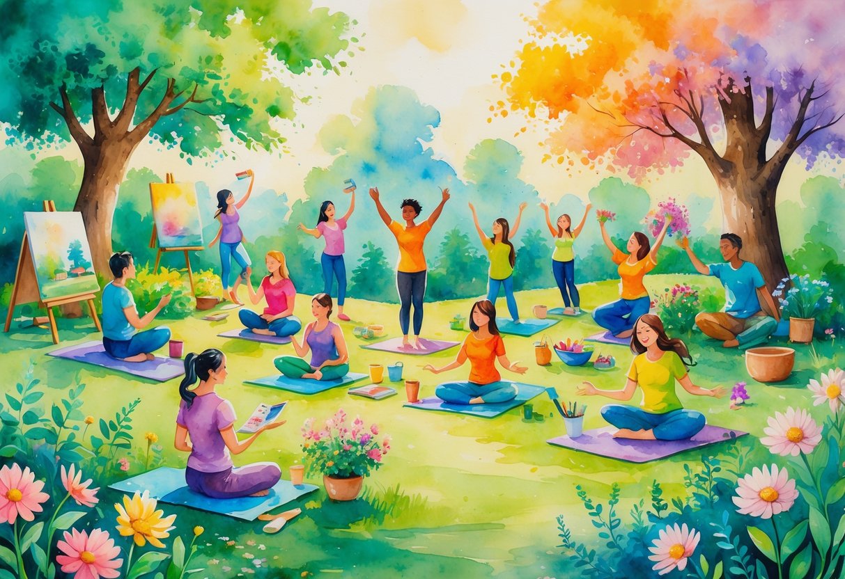 A group of people enjoying different hobbies like painting, yoga, playing instruments, gardening, writing, cooking, hiking, dancing, volunteering, and reading in a bright outdoor and indoor setting.