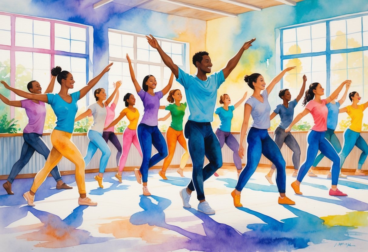 A group of people dancing together in a bright studio, expressing joy and confidence.