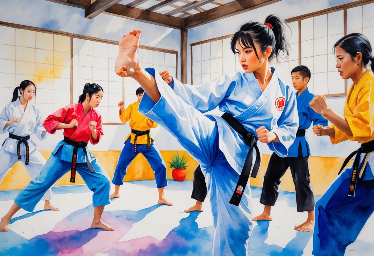 A group of people practicing martial arts moves together in a training space, with one person performing a high kick in the foreground.