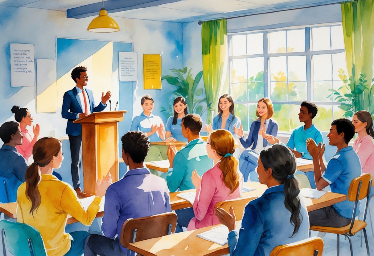 A group of people gathered in a room with one person speaking confidently at a podium while others listen attentively and supportively.