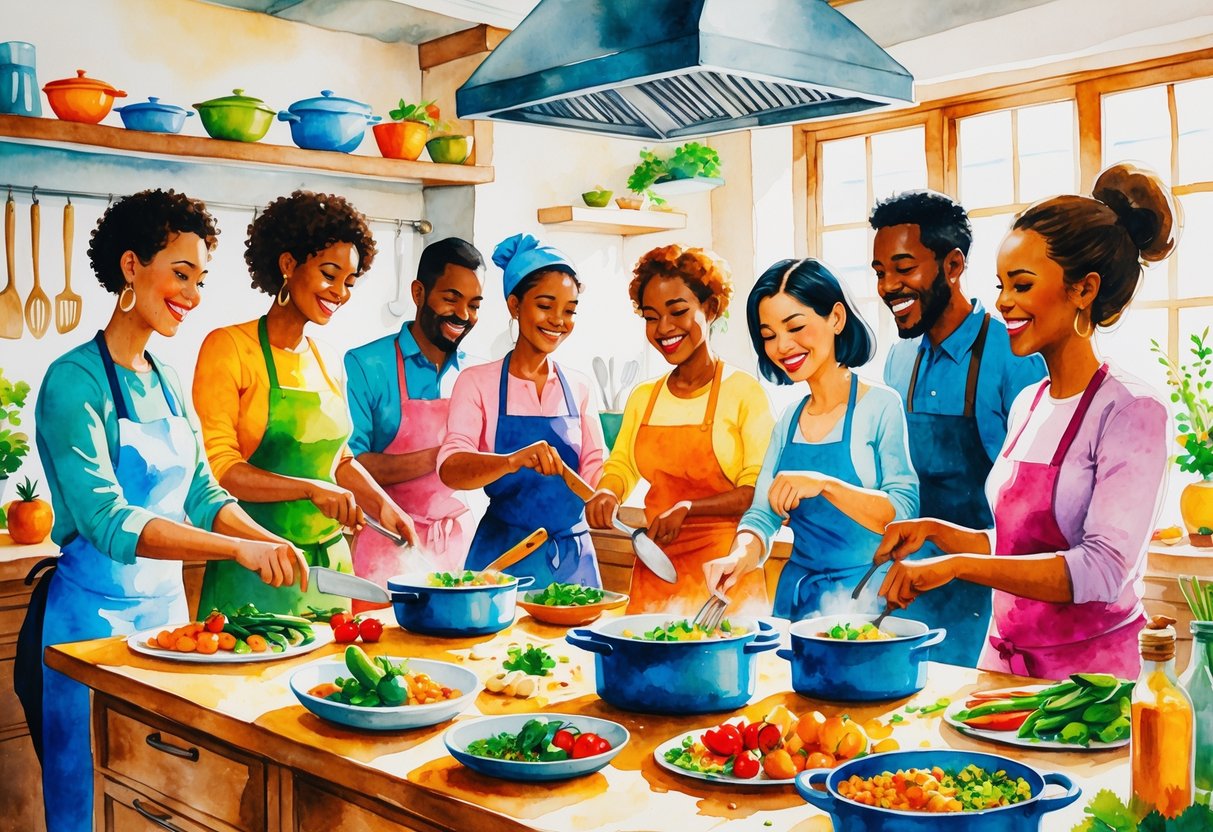 A group of people happily cooking together in a bright kitchen, preparing food and enjoying each other's company.