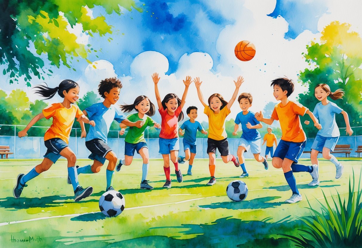 Children and teenagers playing soccer and basketball outdoors, smiling and enjoying team sports together.