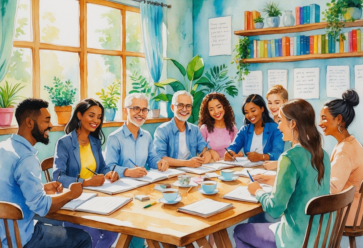 A group of people sitting around a table in a bright room, writing and smiling as they participate in a creative writing workshop.