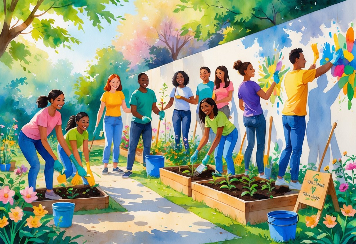 A group of diverse people working together in a community garden, planting flowers and painting a mural, smiling and enjoying their time.