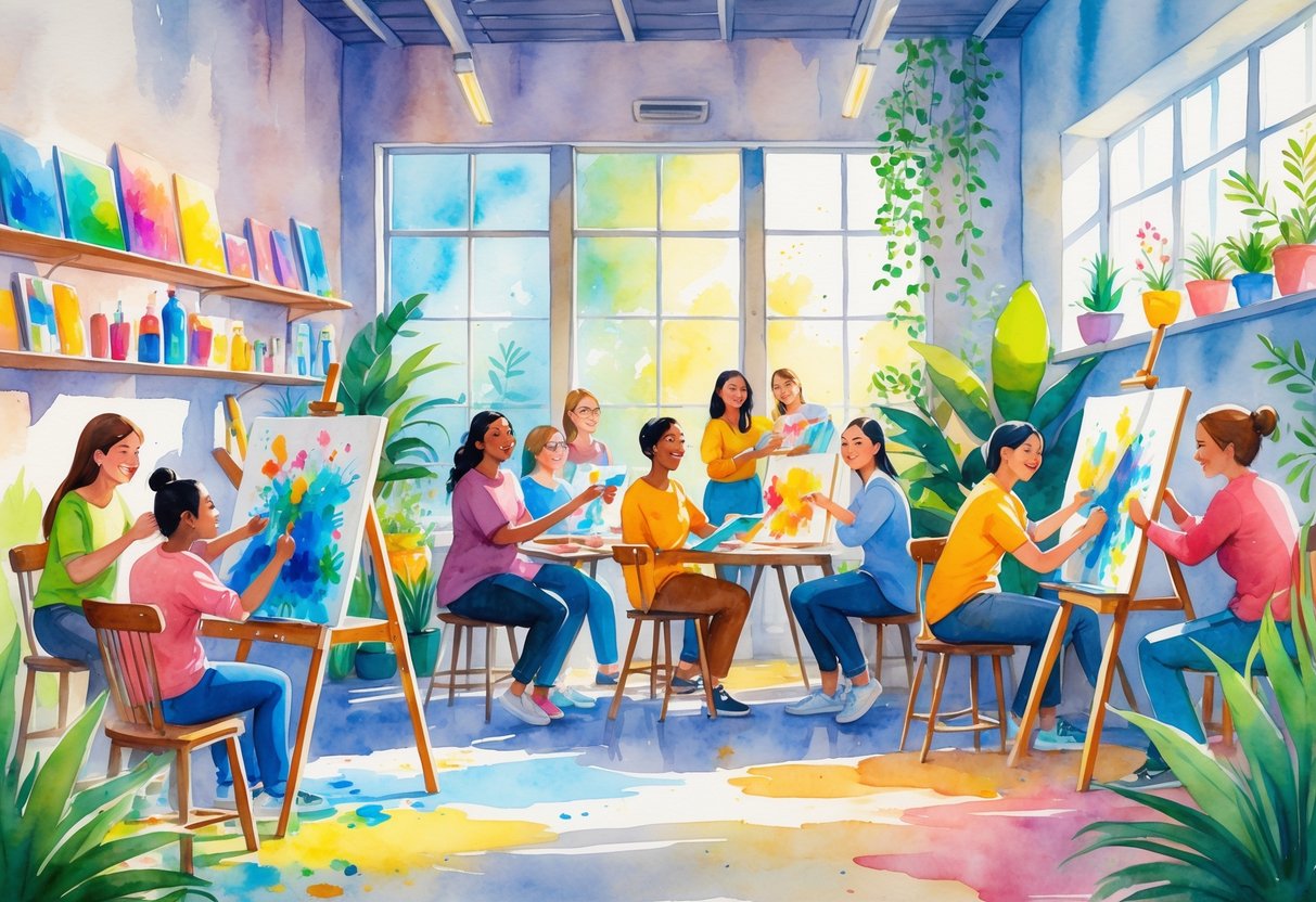 A bright art studio with diverse people happily painting and drawing together, surrounded by art supplies and natural light.