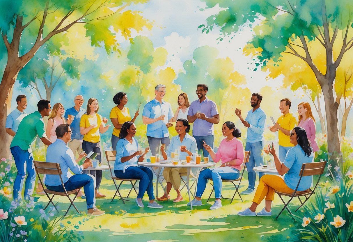 A group of people happily socializing and enjoying various hobbies together outdoors in a park.