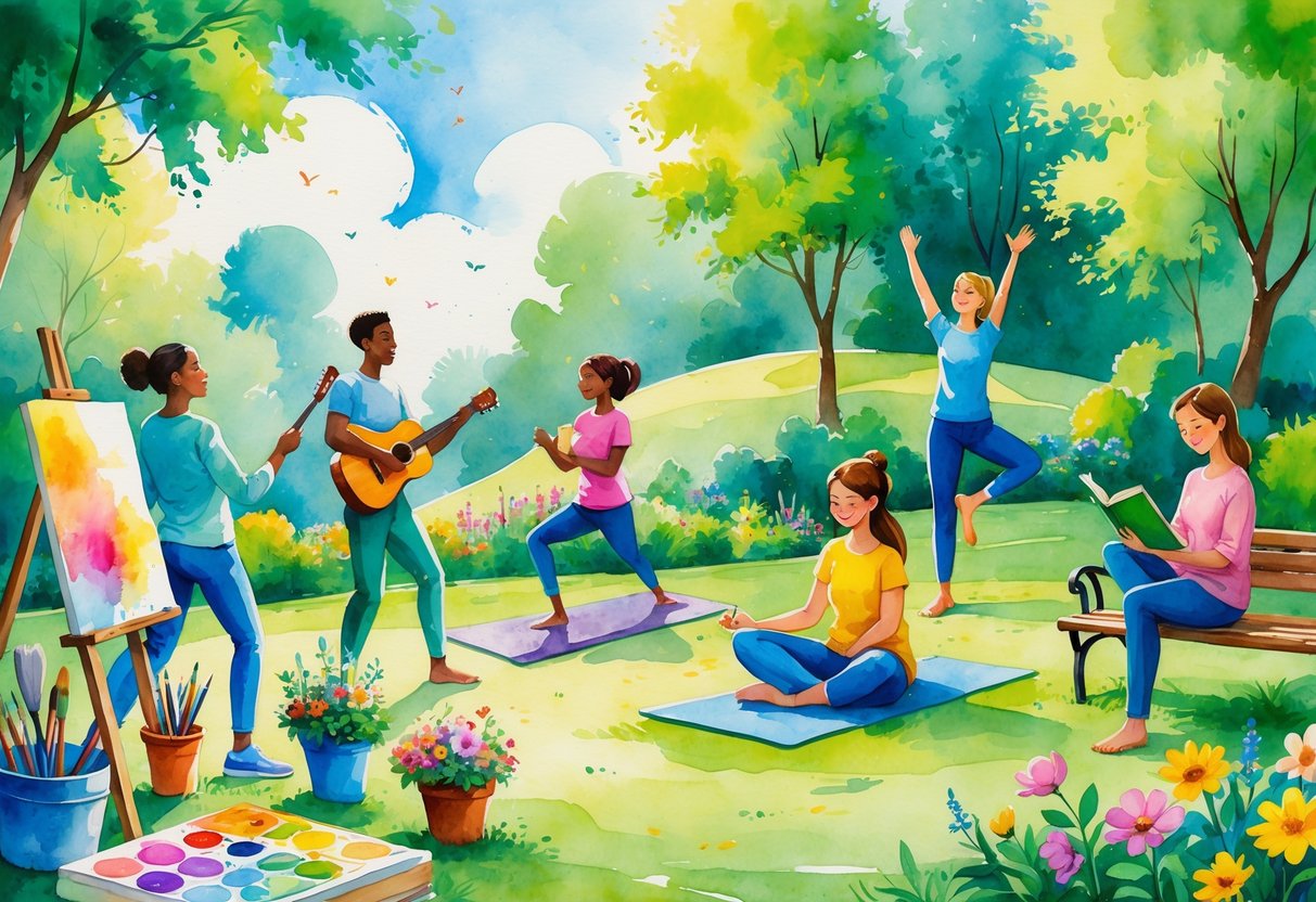 People enjoying various hobbies like painting, playing guitar, doing yoga, gardening, and reading in a sunny park setting.